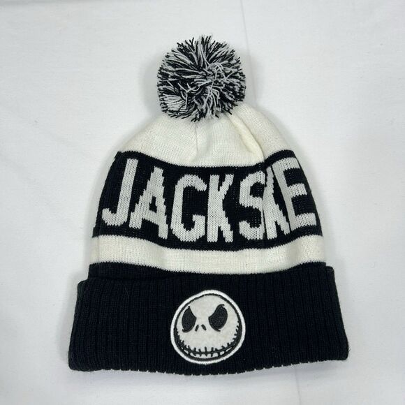 Disney Nightmare Jack Skellington Knitted Pompom Beanie Hat Black White OS - Picture 1 of 8